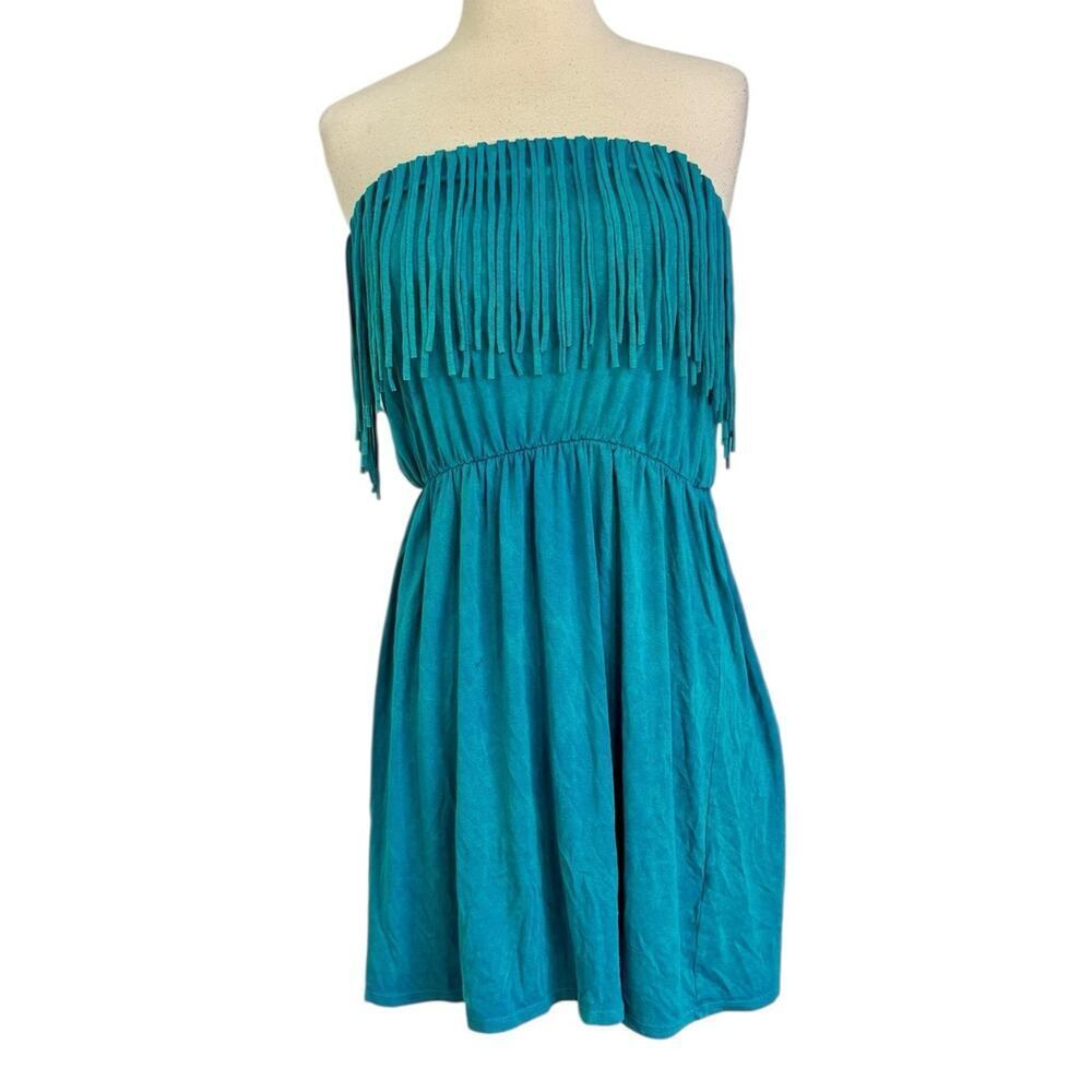 VTG T PARTY 90s Y2K Indie Turquoise Fringe Mini Strapless Dress Boho Festival L - Picture 3 of 11